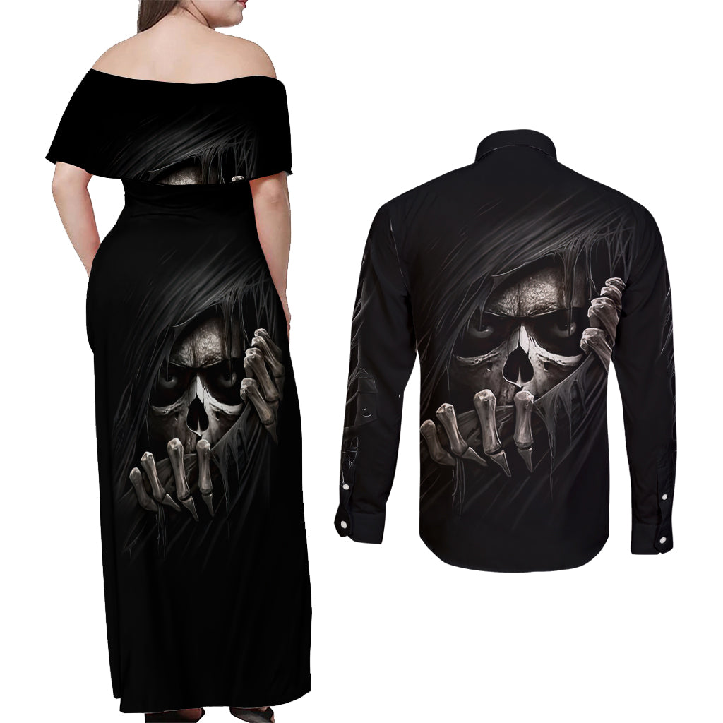 Skull Couples Matching Off Shoulder Maxi Dress and Long Sleeve Button Shirts Evil Skeleton Look Inside - Wonder Print Shop