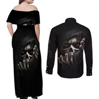 Skull Couples Matching Off Shoulder Maxi Dress and Long Sleeve Button Shirts Evil Skeleton Look Inside - Wonder Print Shop