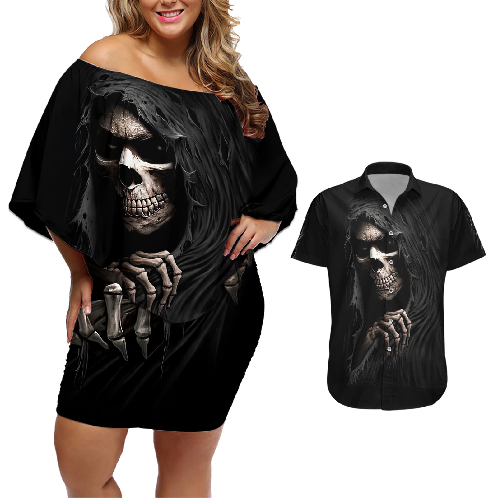 Skull Couples Matching Off Shoulder Short Dress and Hawaiian Shirt Evil Skeleton Look Inside - Wonder Print Shop