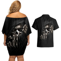 Skull Couples Matching Off Shoulder Short Dress and Hawaiian Shirt Evil Skeleton Look Inside - Wonder Print Shop