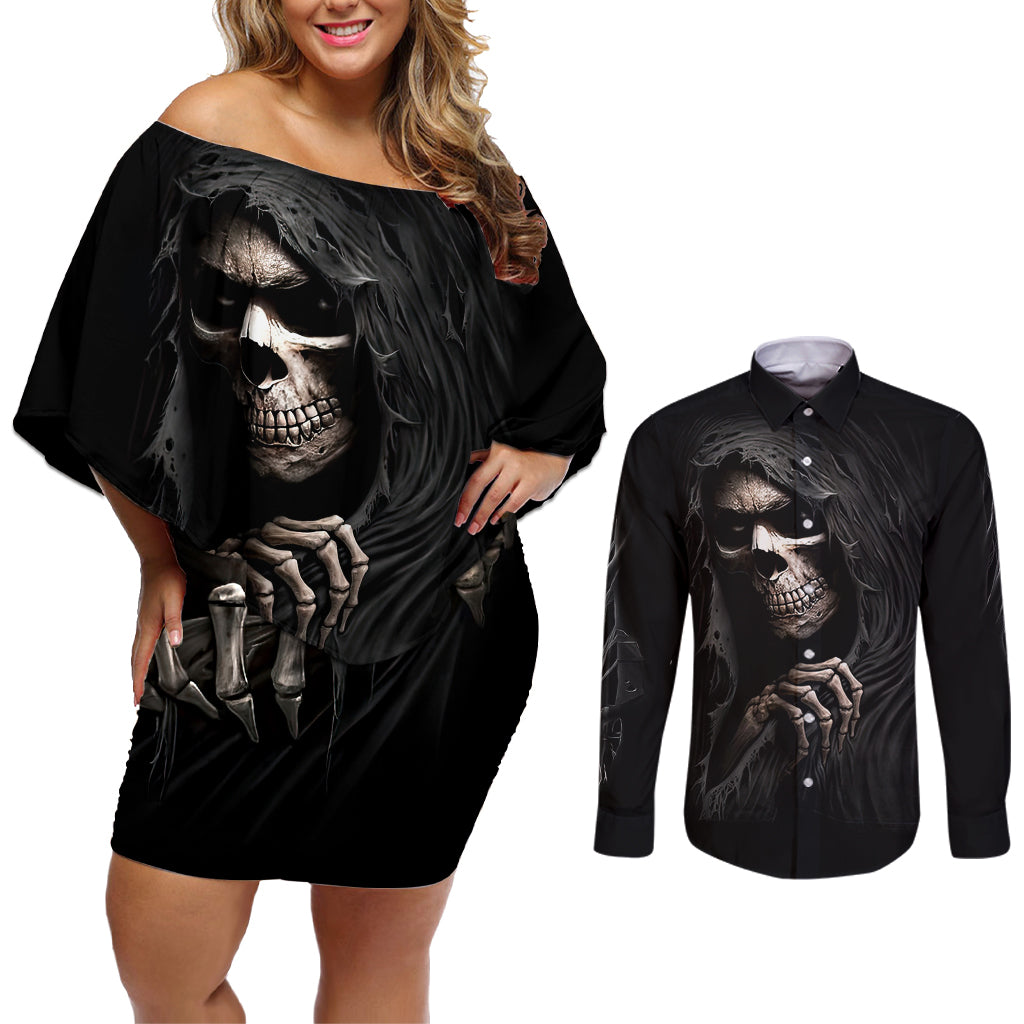 Skull Couples Matching Off Shoulder Short Dress and Long Sleeve Button Shirts Evil Skeleton Look Inside - Wonder Print Shop