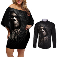 Skull Couples Matching Off Shoulder Short Dress and Long Sleeve Button Shirts Evil Skeleton Look Inside - Wonder Print Shop