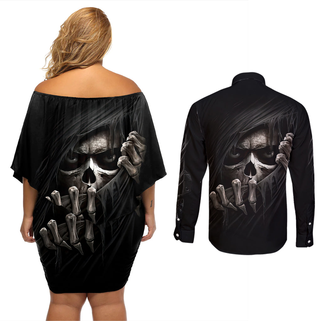 Skull Couples Matching Off Shoulder Short Dress and Long Sleeve Button Shirts Evil Skeleton Look Inside - Wonder Print Shop