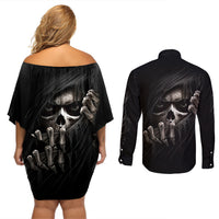 Skull Couples Matching Off Shoulder Short Dress and Long Sleeve Button Shirts Evil Skeleton Look Inside - Wonder Print Shop