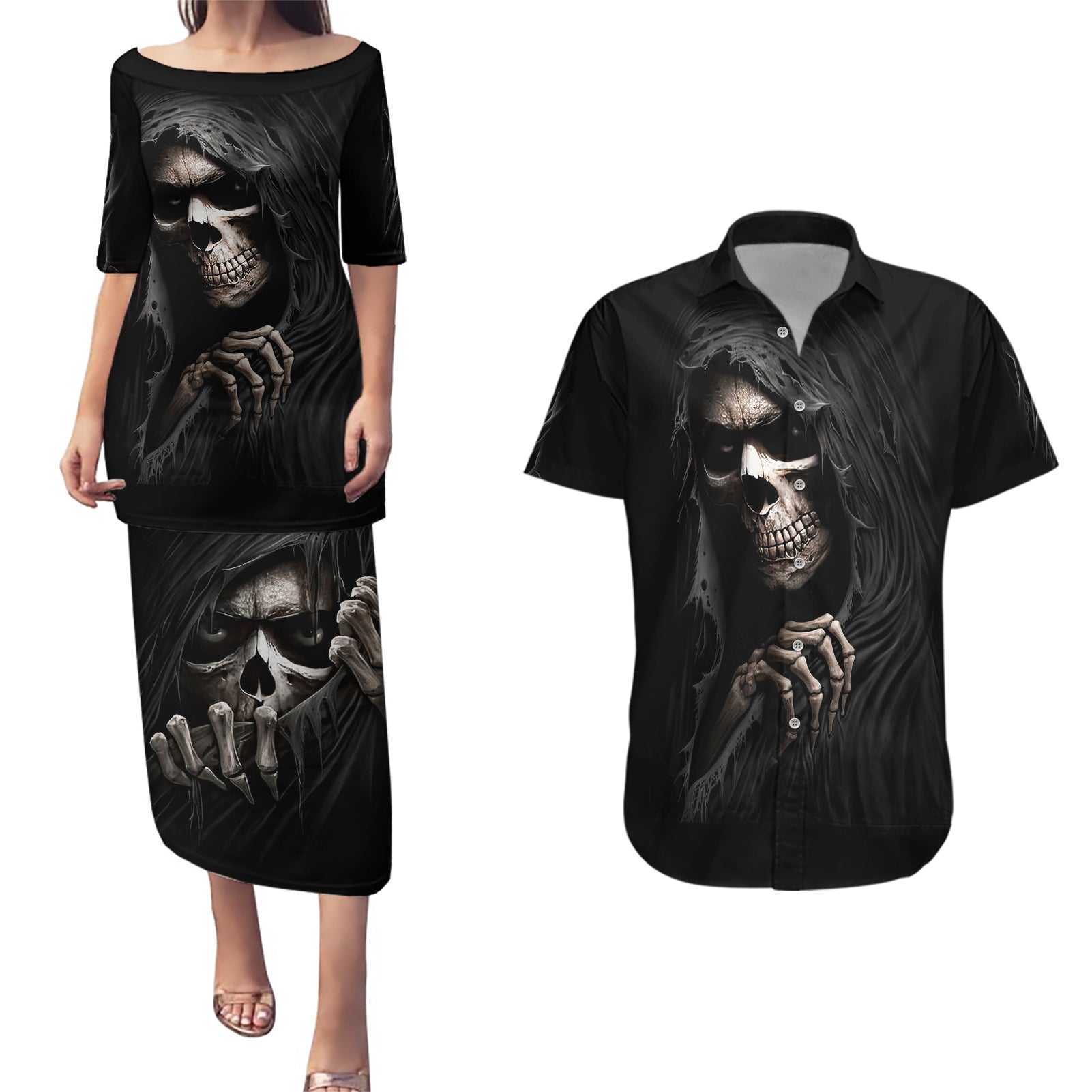 Skull Couples Matching Puletasi Dress and Hawaiian Shirt Evil Skeleton Look Inside - Wonder Print Shop