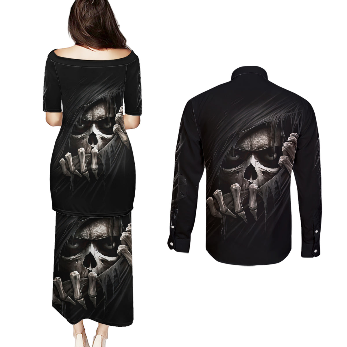Skull Couples Matching Puletasi Dress and Long Sleeve Button Shirts Evil Skeleton Look Inside - Wonder Print Shop