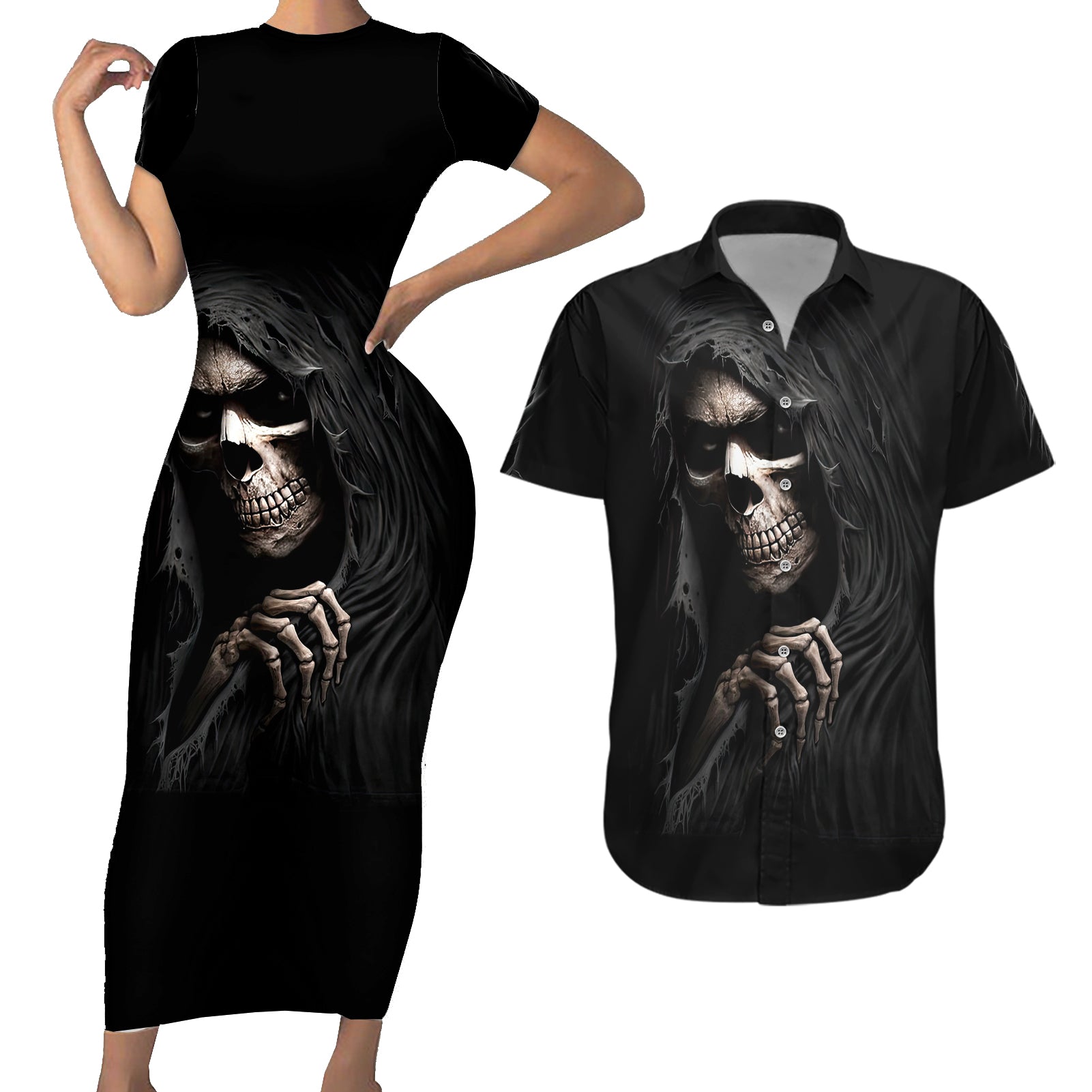 Skull Couples Matching Short Sleeve Bodycon Dress and Hawaiian Shirt Evil Skeleton Look Inside - Wonder Print Shop