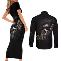 Skull Couples Matching Short Sleeve Bodycon Dress and Long Sleeve Button Shirts Evil Skeleton Look Inside - Wonder Print Shop