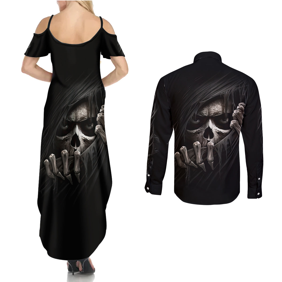 Skull Couples Matching Summer Maxi Dress and Long Sleeve Button Shirts Evil Skeleton Look Inside - Wonder Print Shop