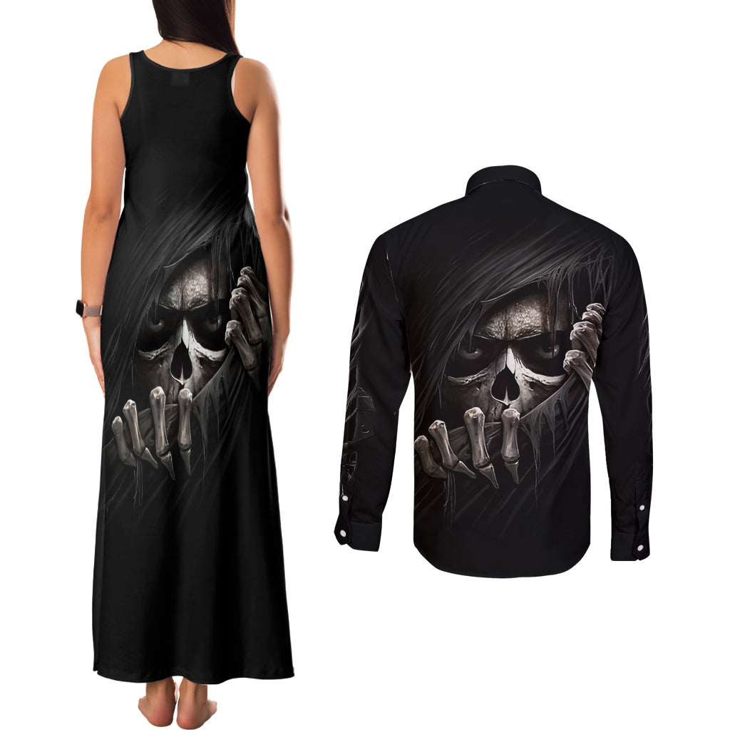 Skull Couples Matching Tank Maxi Dress and Long Sleeve Button Shirts Evil Skeleton Look Inside - Wonder Print Shop