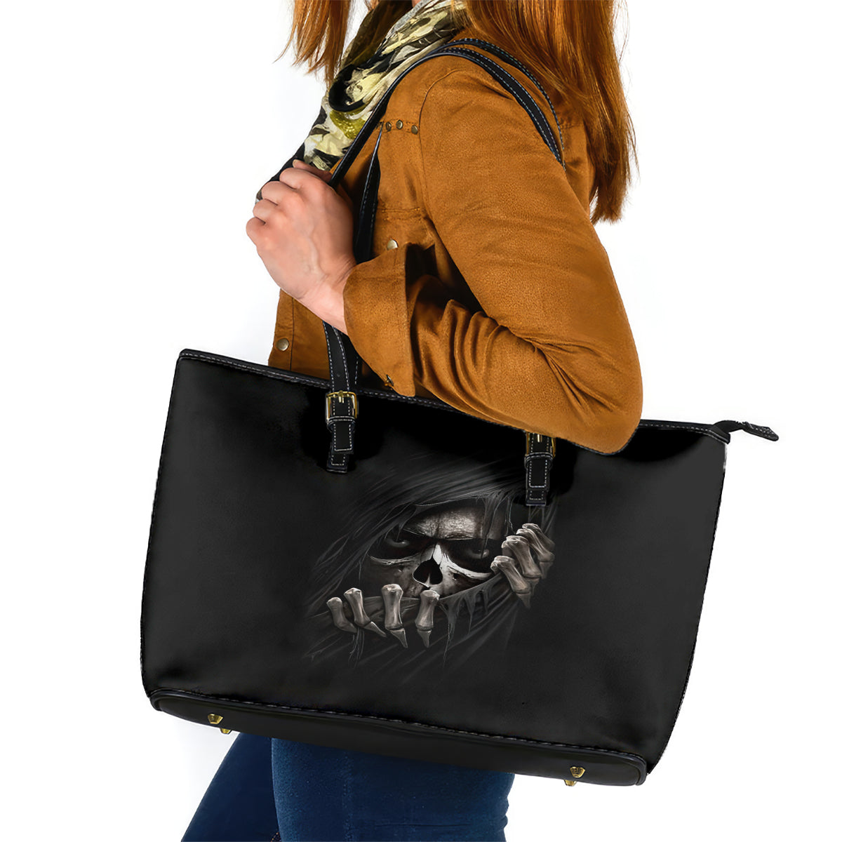 Skull Leather Tote Bag Evil Skeleton Look Inside - Wonder Print Shop