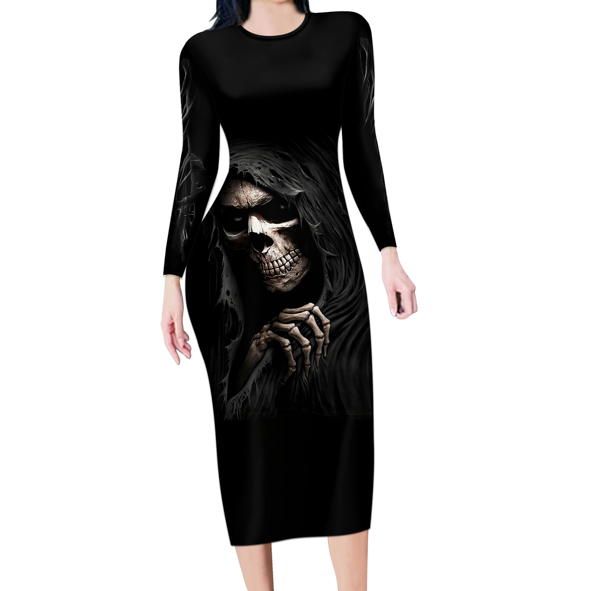 Skull Long Sleeve Bodycon Dress Evil Skeleton Look Inside - Wonder Print Shop