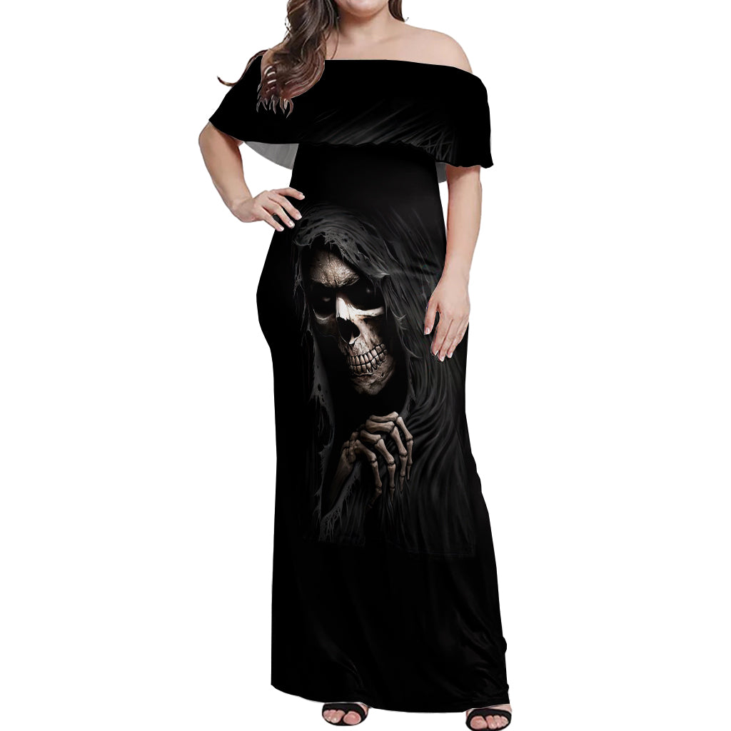 Skull Off Shoulder Maxi Dress Evil Skeleton Look Inside - Wonder Print Shop