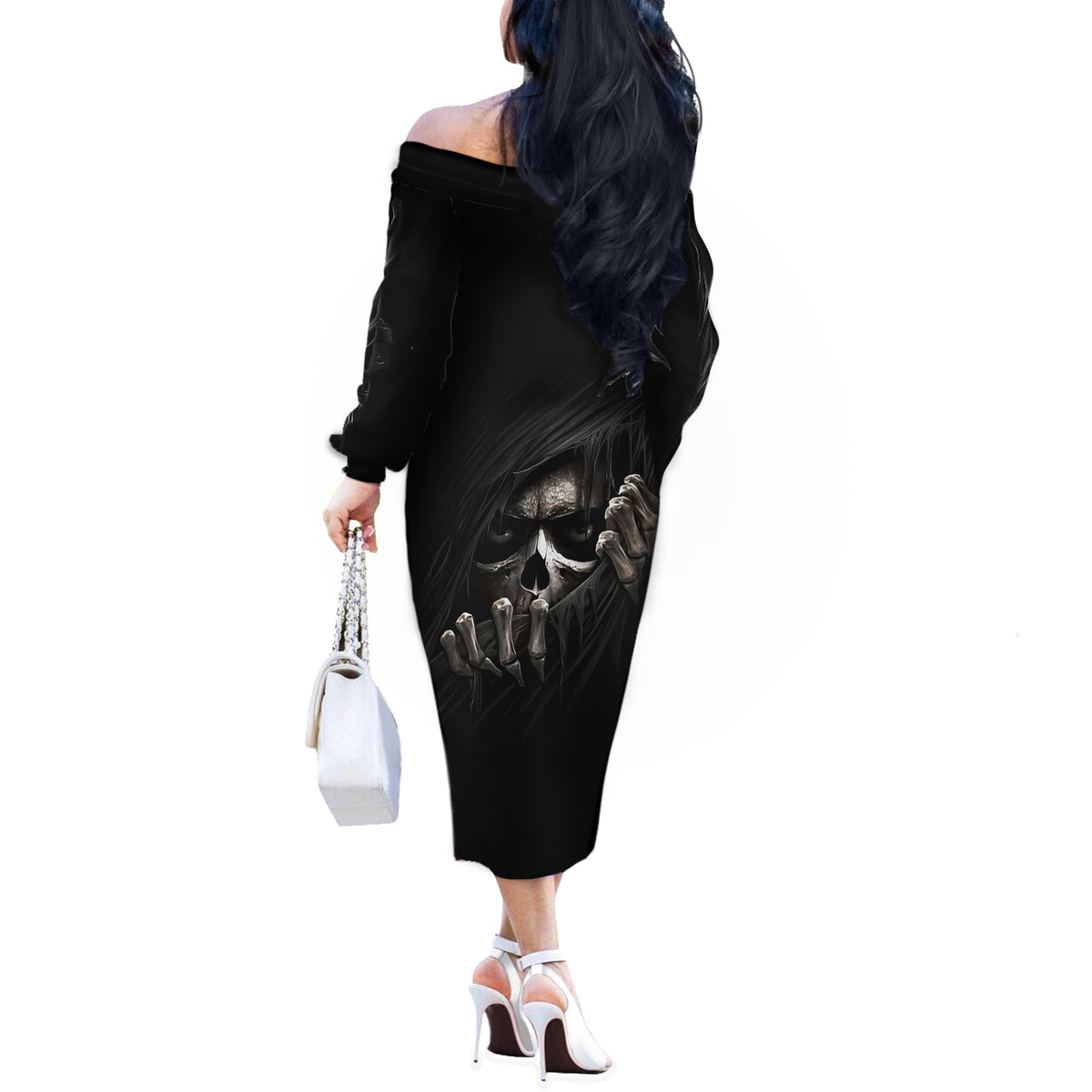 Skull Off The Shoulder Long Sleeve Dress Evil Skeleton Look Inside - Wonder Print Shop