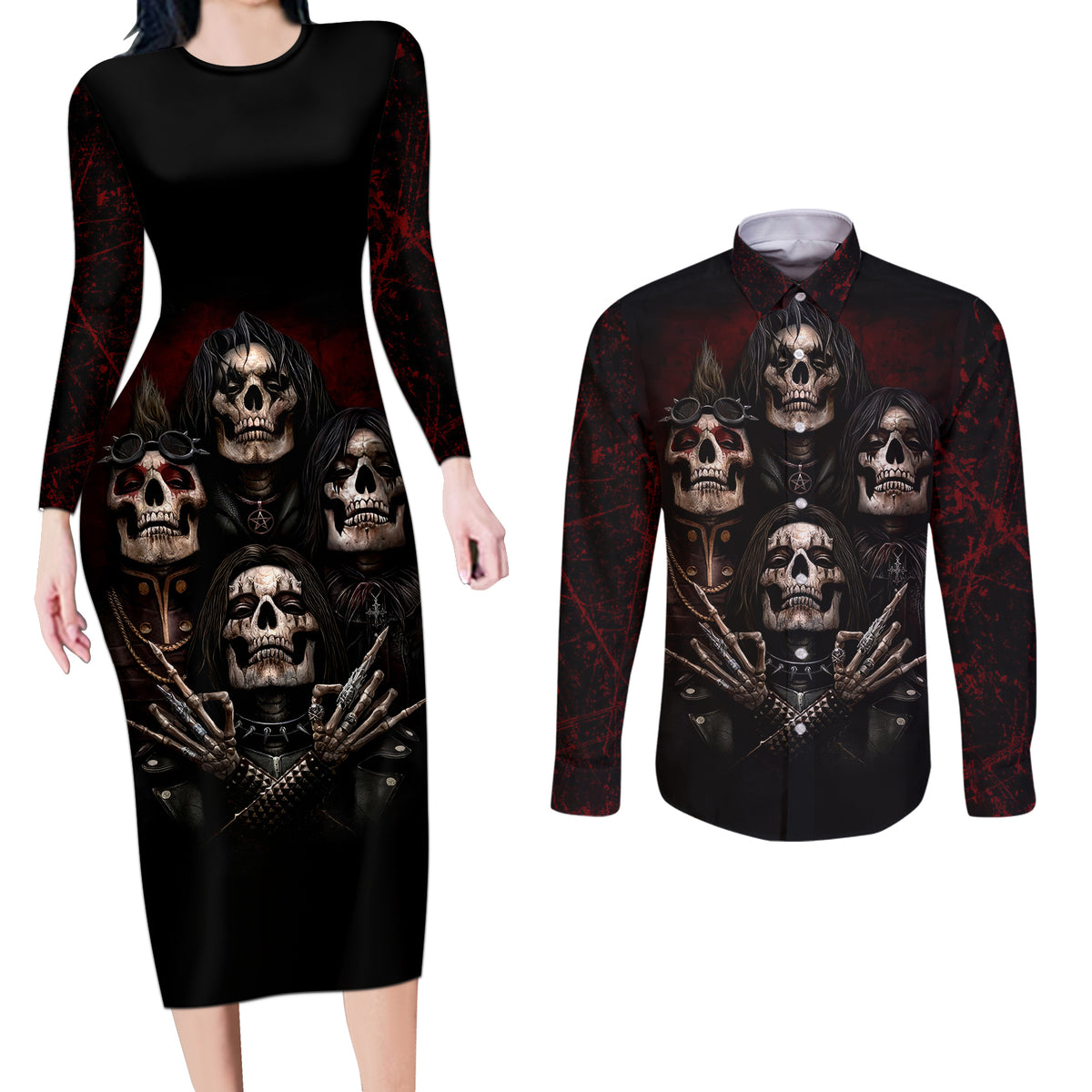 Skull Couples Matching Long Sleeve Bodycon Dress and Long Sleeve Button Shirts Boy Band Queen - Wonder Print Shop