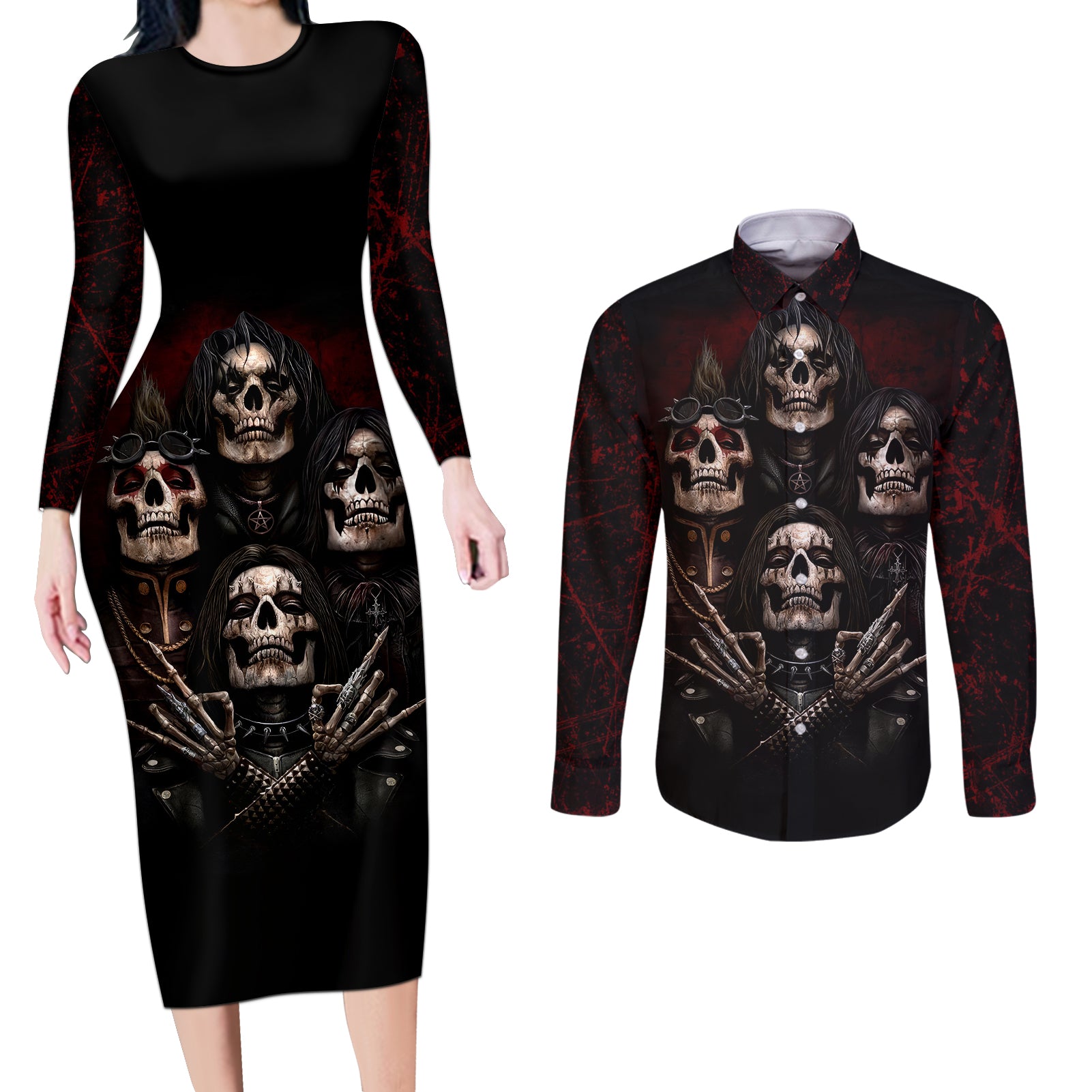 Skull Couples Matching Long Sleeve Bodycon Dress and Long Sleeve Button Shirts Boy Band Queen - Wonder Print Shop