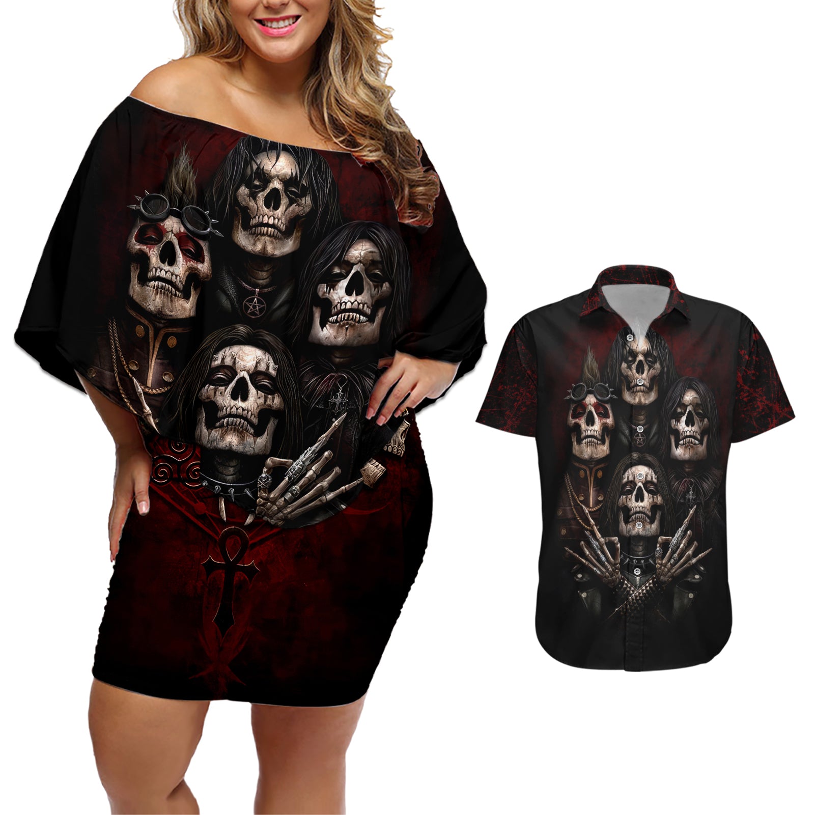 Skull Couples Matching Off Shoulder Short Dress and Hawaiian Shirt Boy Band Queen - Wonder Print Shop