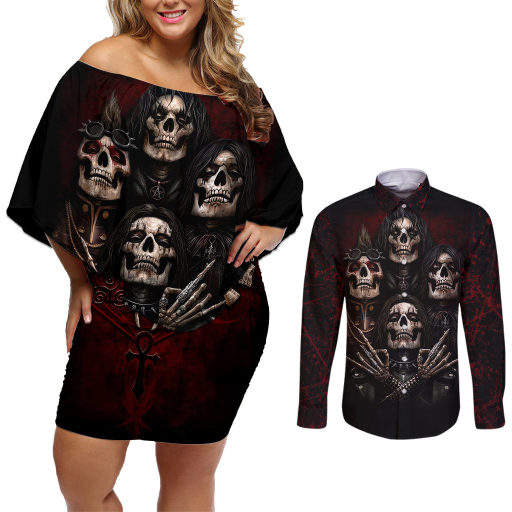 Skull Couples Matching Off Shoulder Short Dress and Long Sleeve Button Shirts Boy Band Queen - Wonder Print Shop