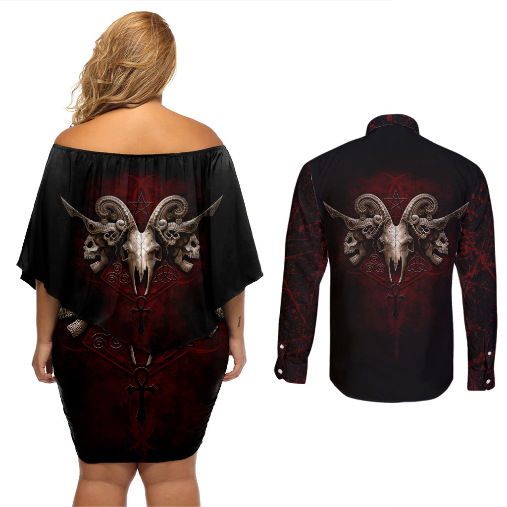 Skull Couples Matching Off Shoulder Short Dress and Long Sleeve Button Shirts Boy Band Queen - Wonder Print Shop