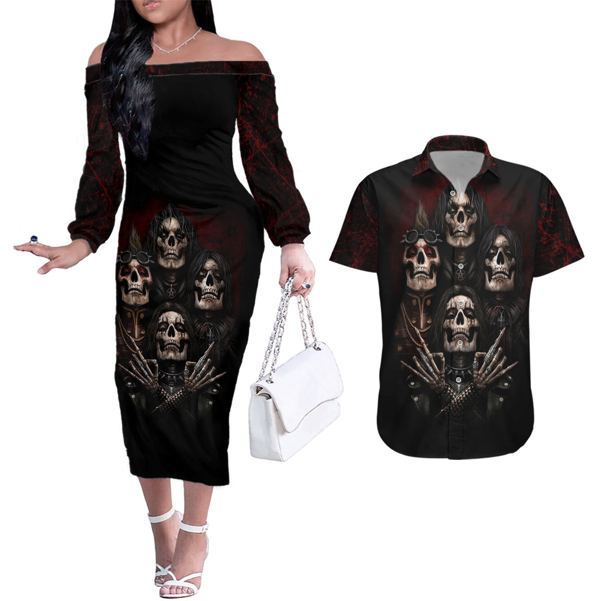 Skull Couples Matching Off The Shoulder Long Sleeve Dress and Hawaiian Shirt Boy Band Queen - Wonder Print Shop