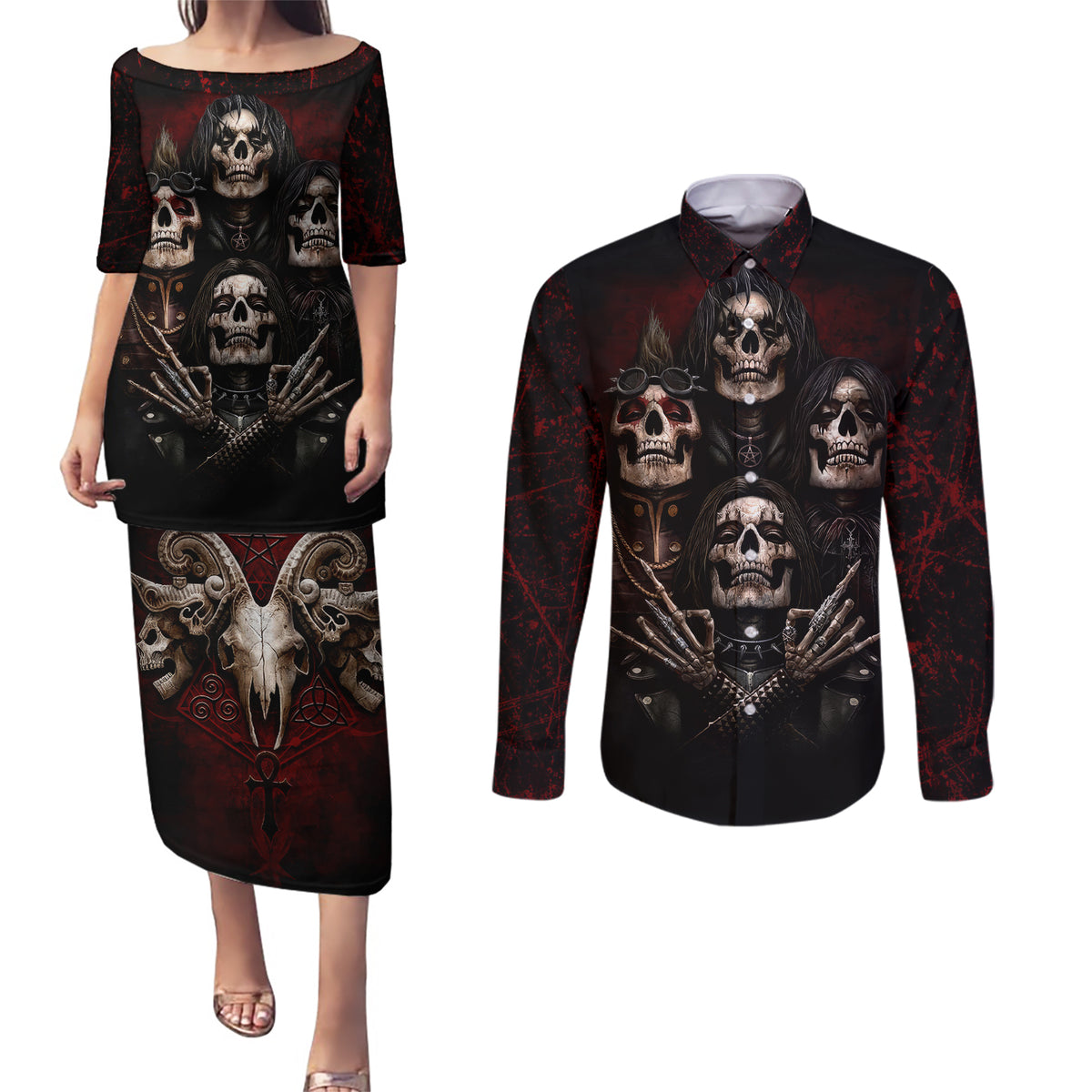 Skull Couples Matching Puletasi Dress and Long Sleeve Button Shirts Boy Band Queen - Wonder Print Shop