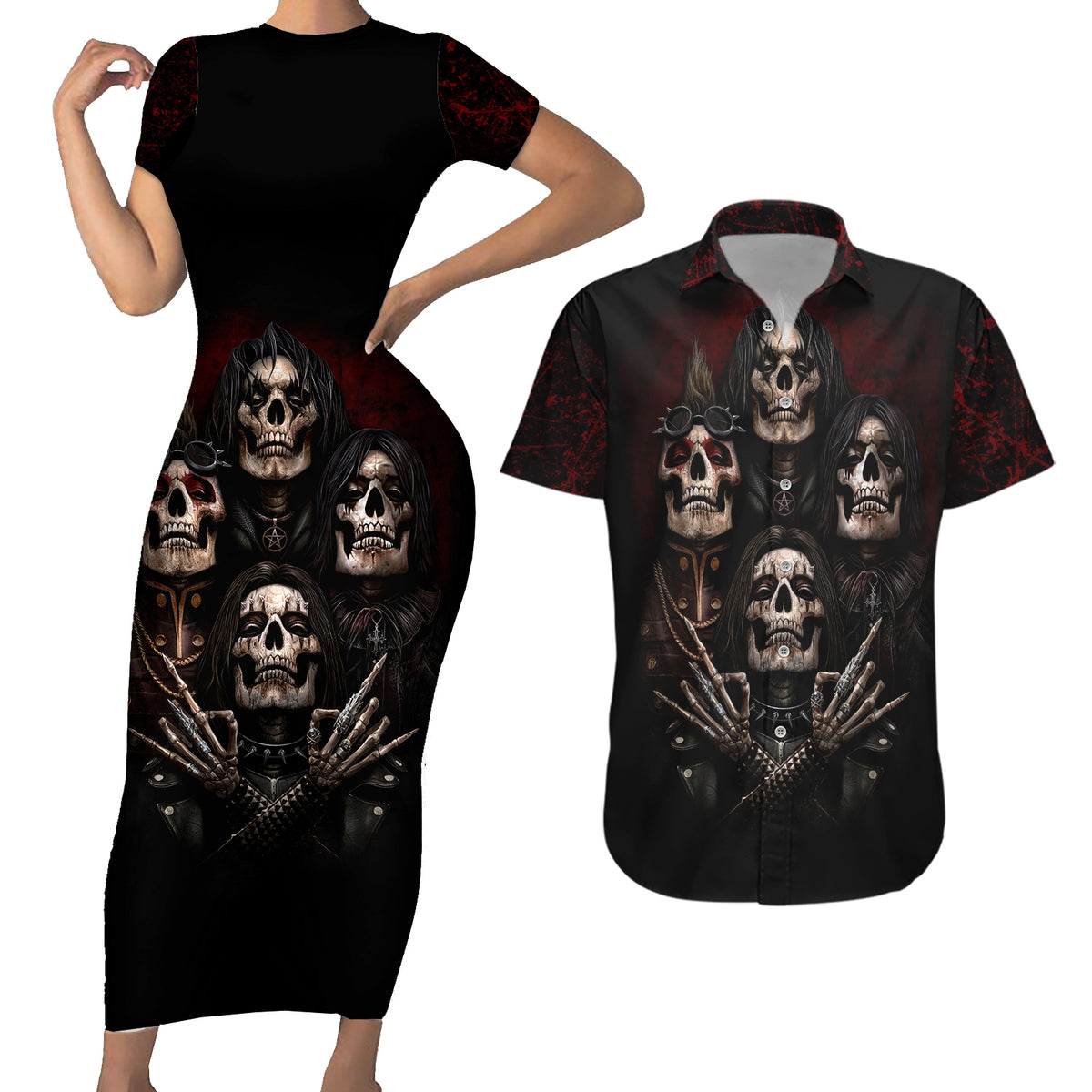 Skull Couples Matching Short Sleeve Bodycon Dress and Hawaiian Shirt Boy Band Queen - Wonder Print Shop