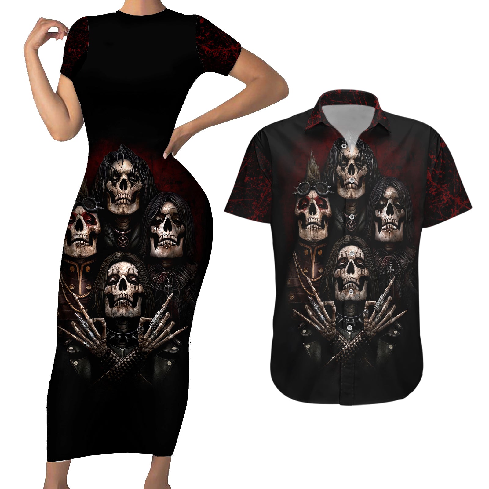 Skull Couples Matching Short Sleeve Bodycon Dress and Hawaiian Shirt Boy Band Queen - Wonder Print Shop