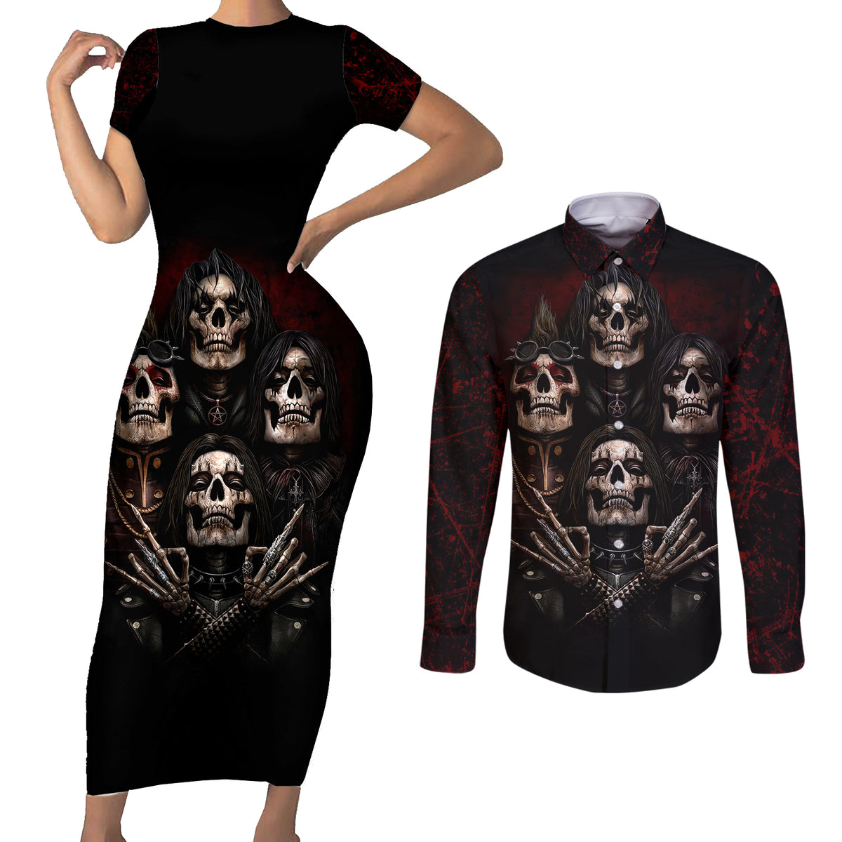 Skull Couples Matching Short Sleeve Bodycon Dress and Long Sleeve Button Shirts Boy Band Queen - Wonder Print Shop