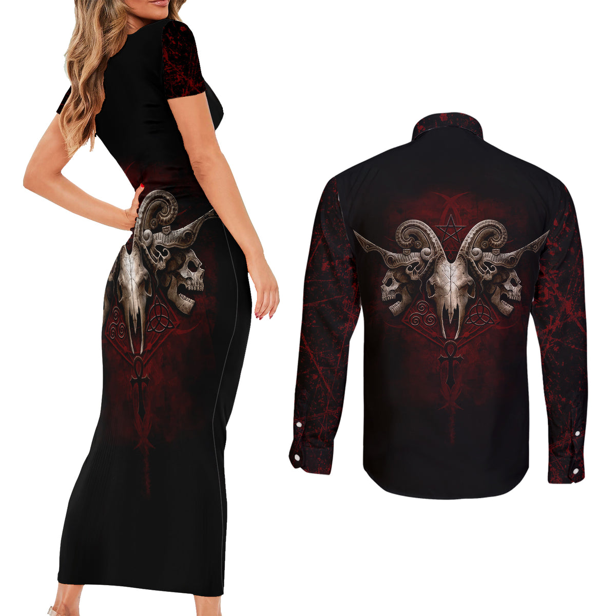 Skull Couples Matching Short Sleeve Bodycon Dress and Long Sleeve Button Shirts Boy Band Queen - Wonder Print Shop