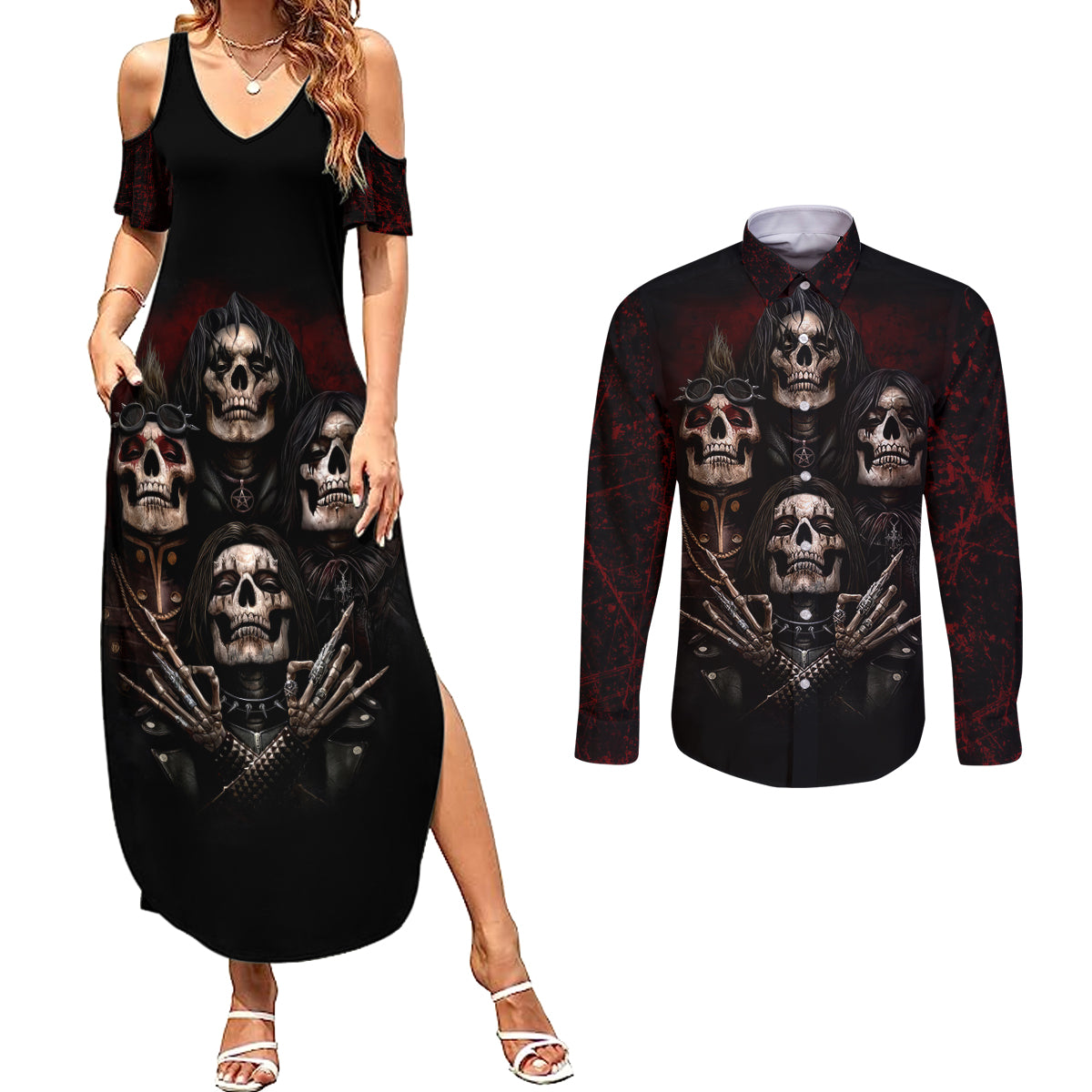 Skull Couples Matching Summer Maxi Dress and Long Sleeve Button Shirts Boy Band Queen - Wonder Print Shop