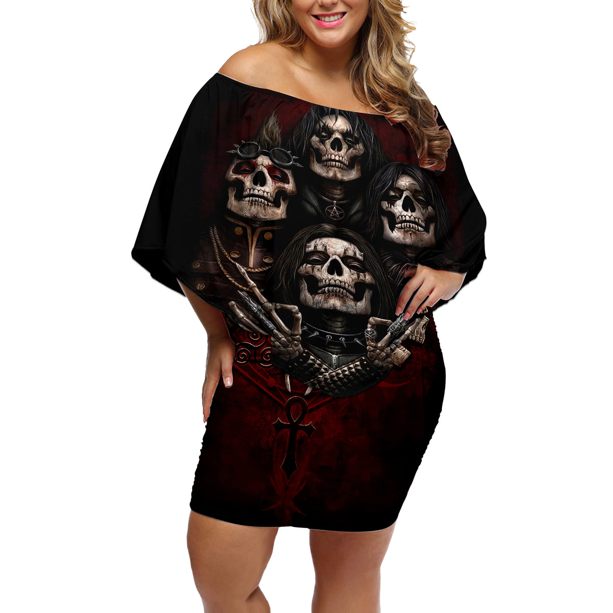 Skull Off Shoulder Short Dress Boy Band Queen - Wonder Print Shop