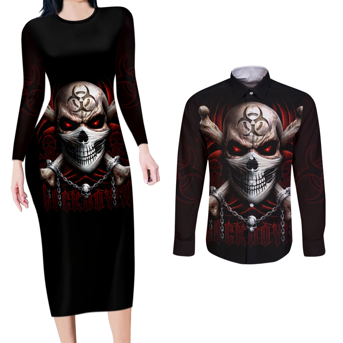 Skull Couples Matching Long Sleeve Bodycon Dress and Long Sleeve Button Shirts Blood Skull Survivor - Wonder Print Shop