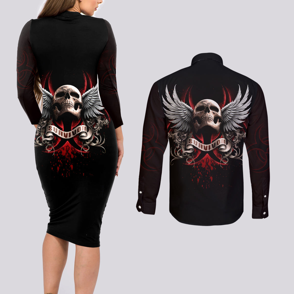 Skull Couples Matching Long Sleeve Bodycon Dress and Long Sleeve Button Shirts Blood Skull Survivor - Wonder Print Shop