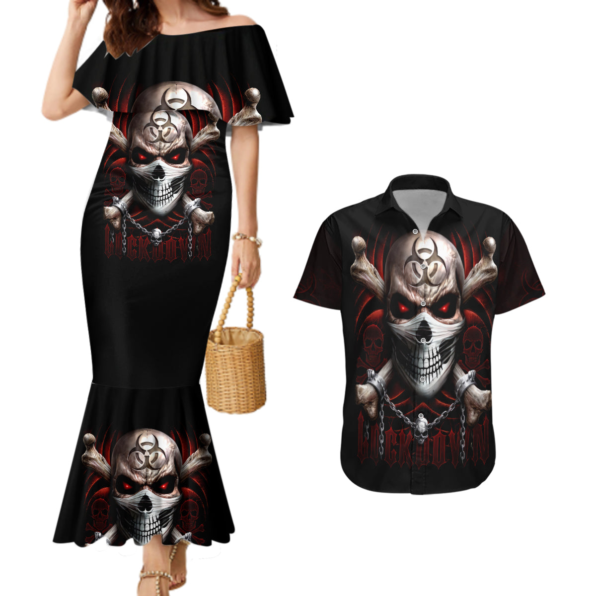 Skull Couples Matching Mermaid Dress And Hawaiian Shirt Blood Skull Survivor - Wonder Print Shop