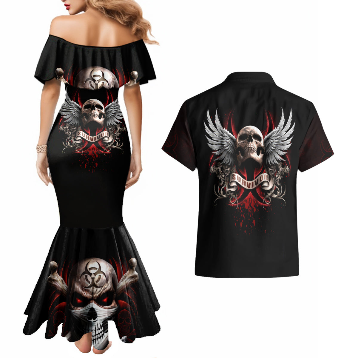 Skull Couples Matching Mermaid Dress And Hawaiian Shirt Blood Skull Survivor - Wonder Print Shop