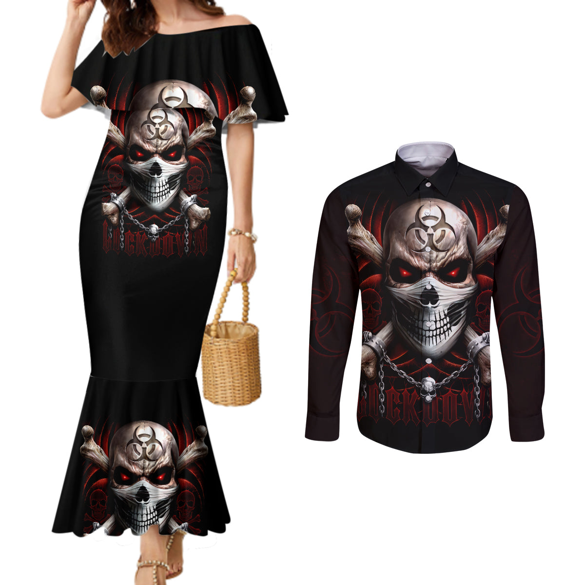 Skull Couples Matching Mermaid Dress and Long Sleeve Button Shirts Blood Skull Survivor DT01
