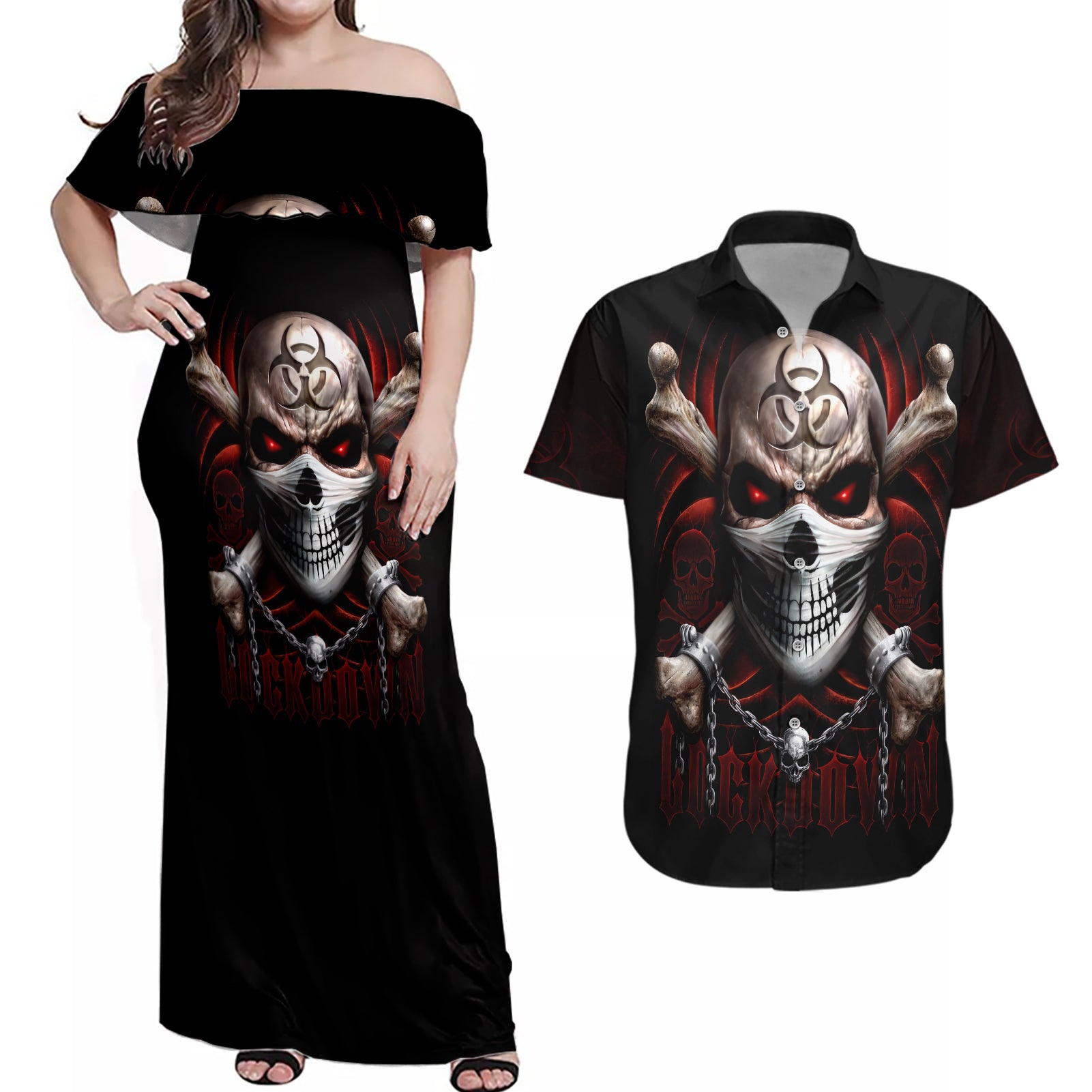 Skull Couples Matching Off Shoulder Maxi Dress and Hawaiian Shirt Blood Skull Survivor - Wonder Print Shop