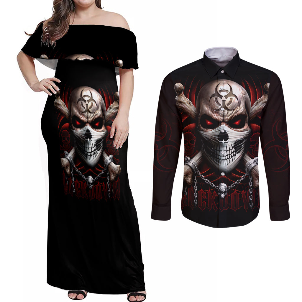 Skull Couples Matching Off Shoulder Maxi Dress and Long Sleeve Button Shirts Blood Skull Survivor - Wonder Print Shop