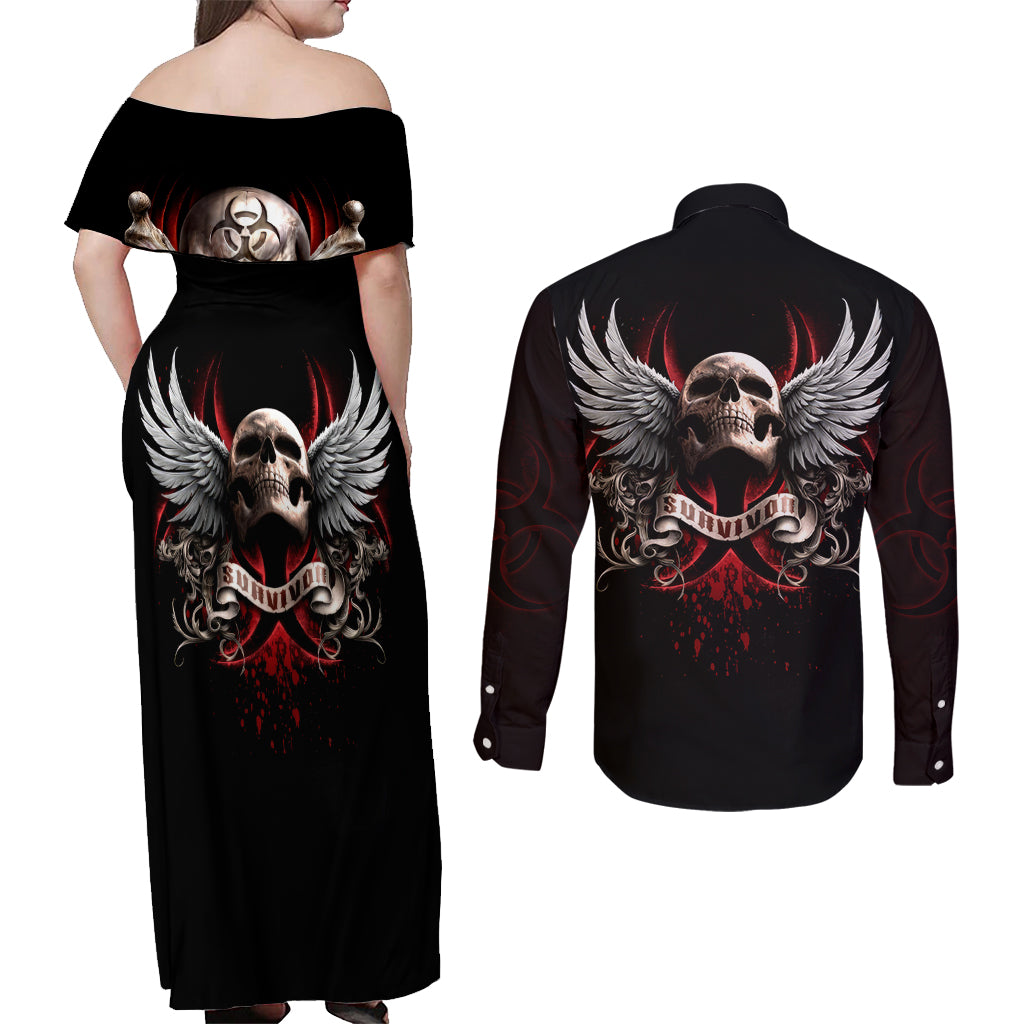 Skull Couples Matching Off Shoulder Maxi Dress and Long Sleeve Button Shirts Blood Skull Survivor - Wonder Print Shop