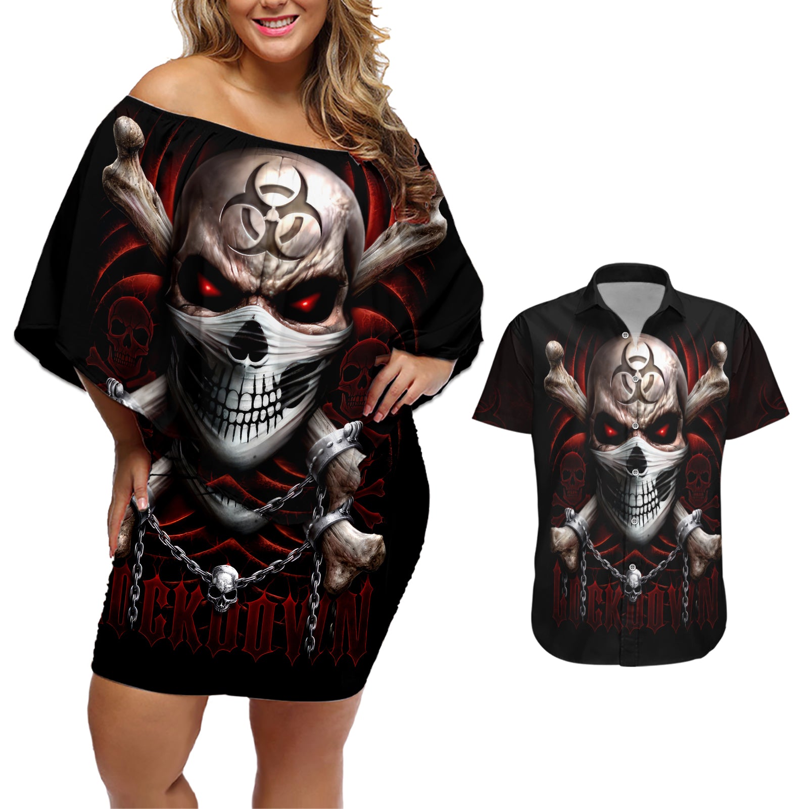 Skull Couples Matching Off Shoulder Short Dress and Hawaiian Shirt Blood Skull Survivor - Wonder Print Shop
