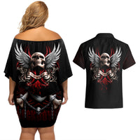 Skull Couples Matching Off Shoulder Short Dress and Hawaiian Shirt Blood Skull Survivor - Wonder Print Shop
