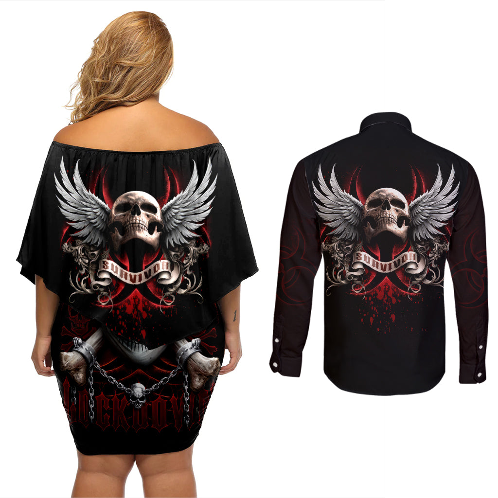 Skull Couples Matching Off Shoulder Short Dress and Long Sleeve Button Shirts Blood Skull Survivor - Wonder Print Shop