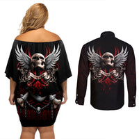 Skull Couples Matching Off Shoulder Short Dress and Long Sleeve Button Shirts Blood Skull Survivor - Wonder Print Shop