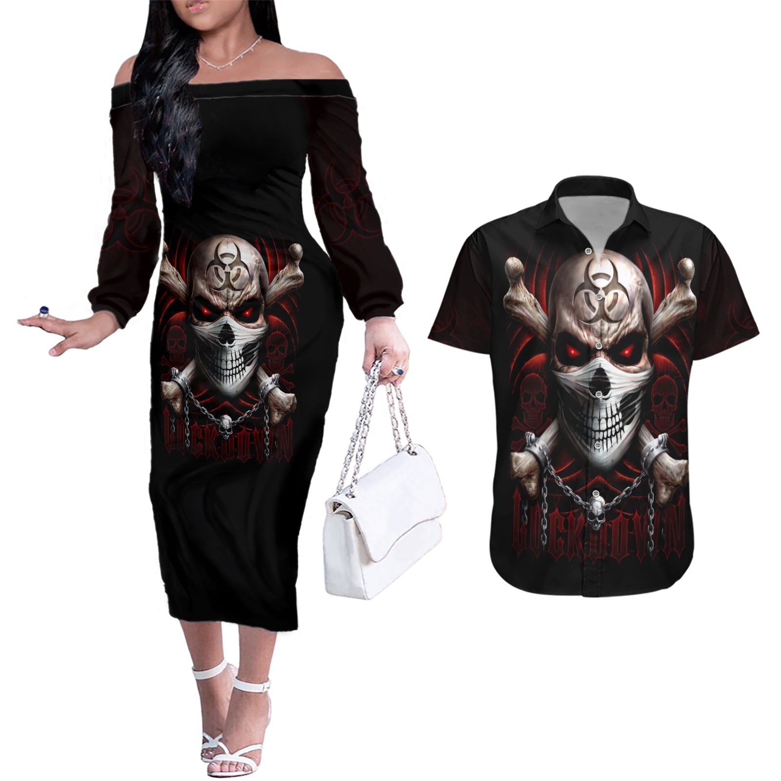 Skull Couples Matching Off The Shoulder Long Sleeve Dress and Hawaiian Shirt Blood Skull Survivor - Wonder Print Shop