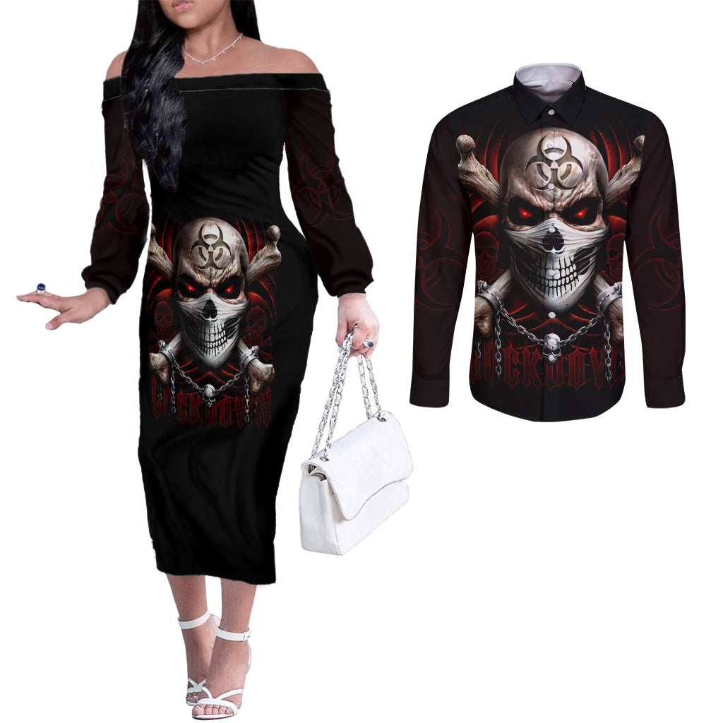 Skull Couples Matching Off The Shoulder Long Sleeve Dress and Long Sleeve Button Shirts Blood Skull Survivor DT01