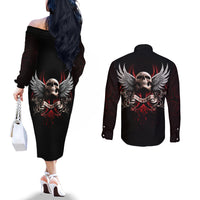 Skull Couples Matching Off The Shoulder Long Sleeve Dress and Long Sleeve Button Shirts Blood Skull Survivor DT01