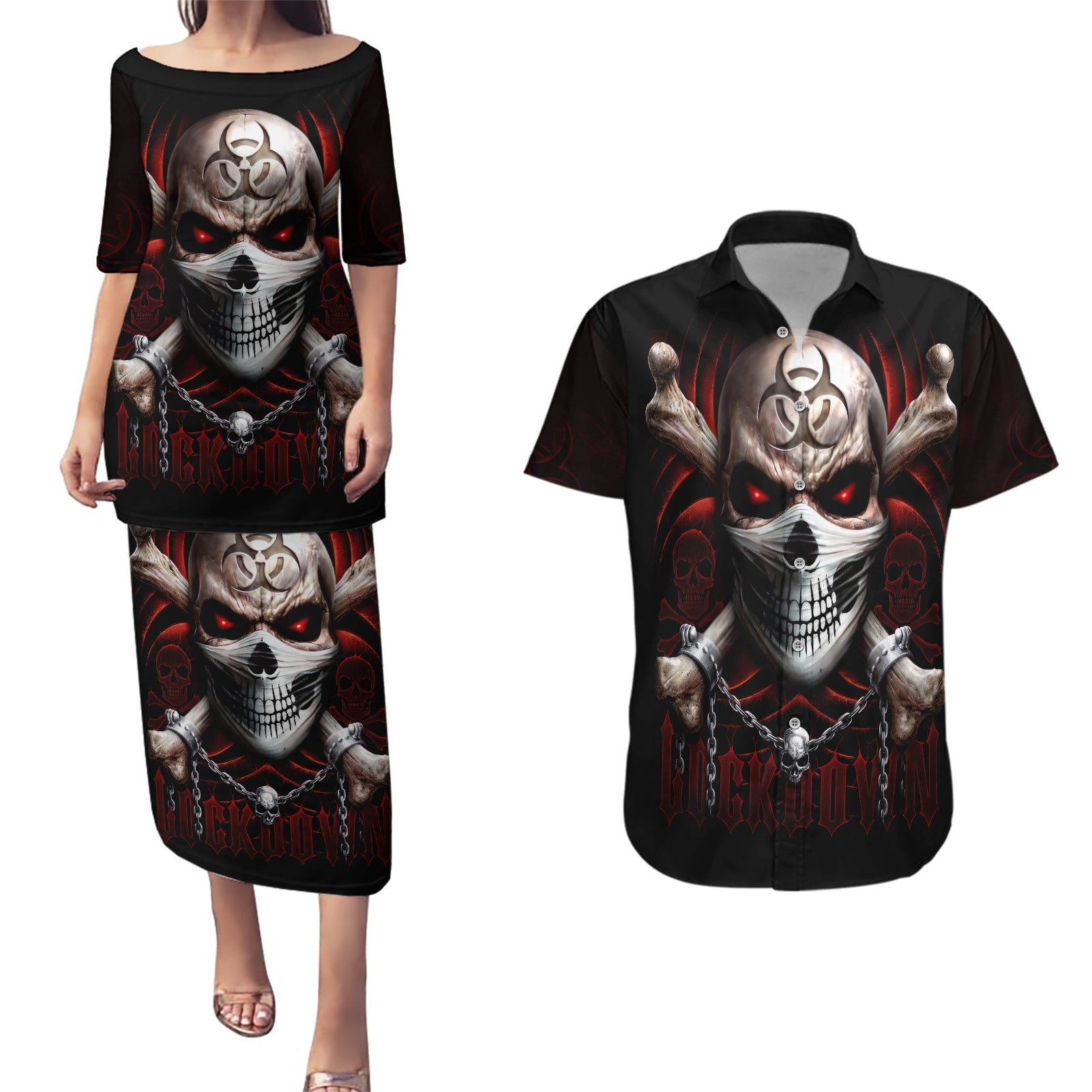 Skull Couples Matching Puletasi Dress and Hawaiian Shirt Blood Skull Survivor - Wonder Print Shop