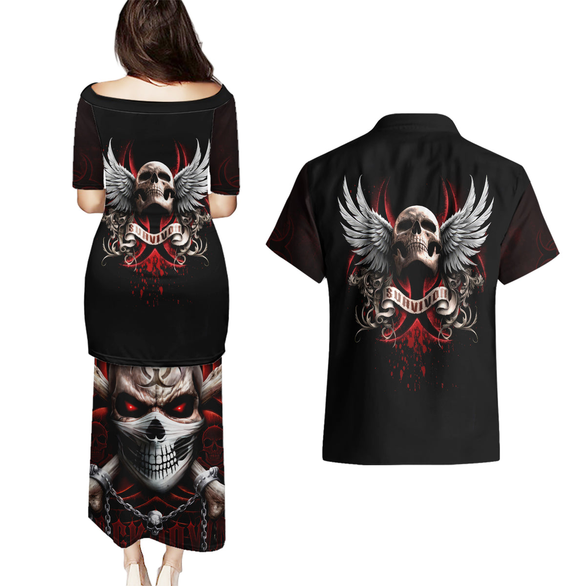Skull Couples Matching Puletasi Dress and Hawaiian Shirt Blood Skull Survivor - Wonder Print Shop
