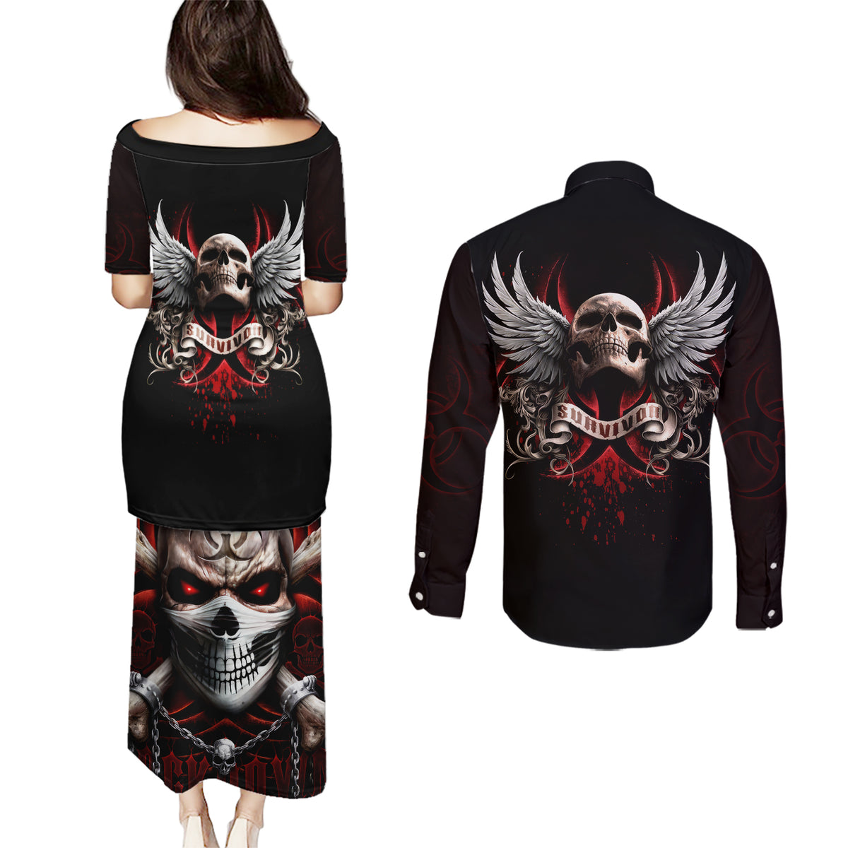 Skull Couples Matching Puletasi Dress and Long Sleeve Button Shirts Blood Skull Survivor - Wonder Print Shop