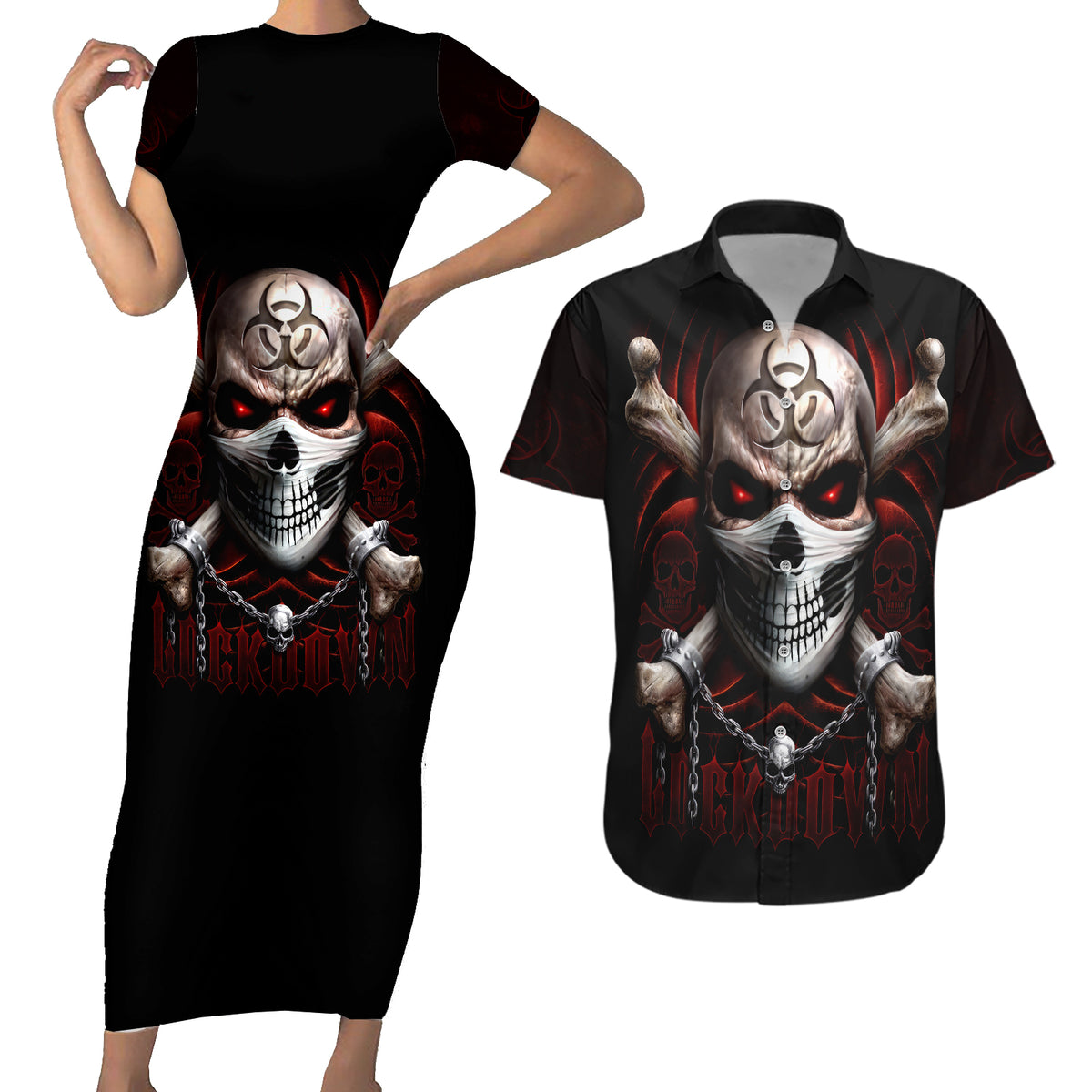 Skull Couples Matching Short Sleeve Bodycon Dress and Hawaiian Shirt Blood Skull Survivor - Wonder Print Shop